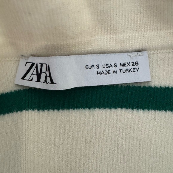 Zara Striped Polo V-Neck Collar‎ Coastal Soft Sweater, Green and White, Size S - Picture 12 of 13